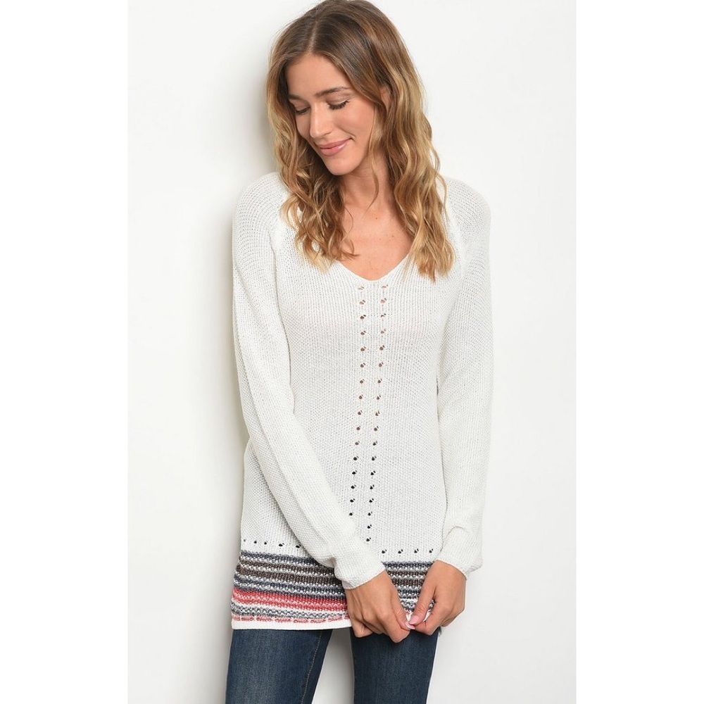 SWEATER W/ BROWN RED NAVY STRIPE HEM - Picture 2 of 3